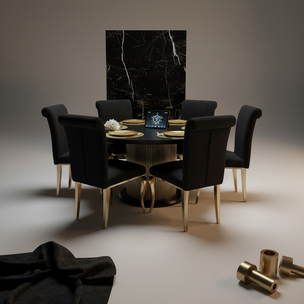 Midnight Luxe 5-Piece Round Dining Set with Black Velvet Chairs and Gold Accents"